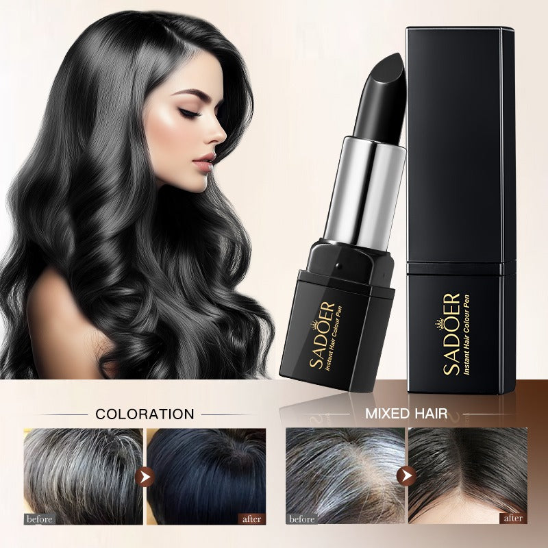 Hair color product with a woman and before-and-after images of hair coloration.