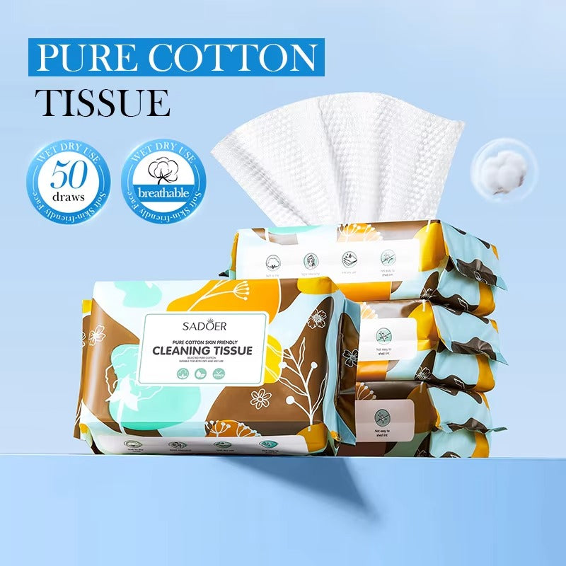Packaging of Sadeer pure cotton cleaning tissue with a blue background
