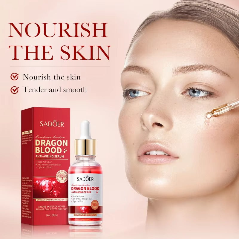 Sadoer Dragon Blood serum with packaging and a model applying the serum on skin.