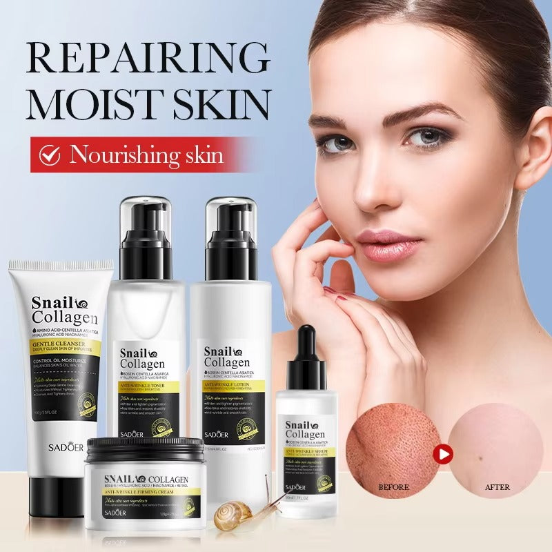Skincare products with a woman's face and before-and-after skin comparison on a light blue background.