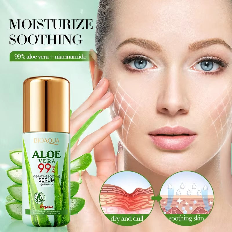 Aloe vera serum with a woman applying it to her face on a green background