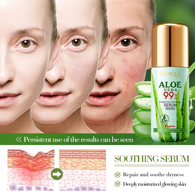 Bioaqua Aloe Vera serum with a woman's face showing before and after effects on a green background.