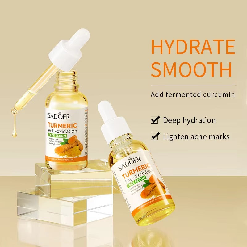 Two bottles of SADOER Turmeric Anti-Oxidant face serum on a beige background with text about product benefits.