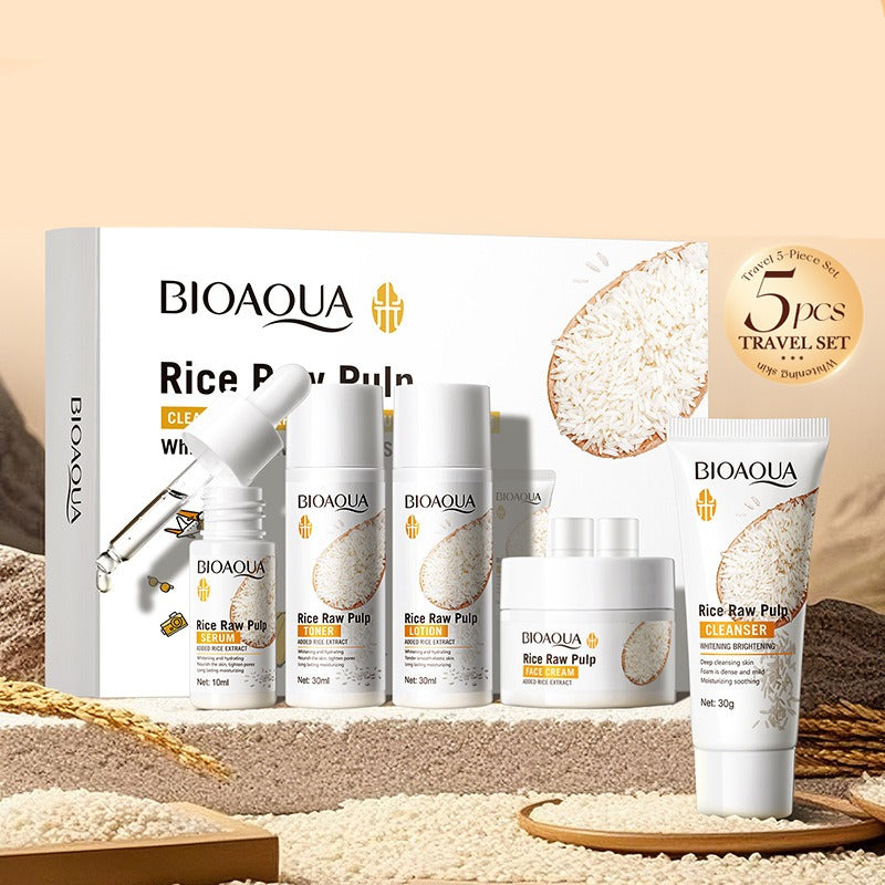 BIOAQUA Rice Raw Pulp skincare set with packaging on a beige background