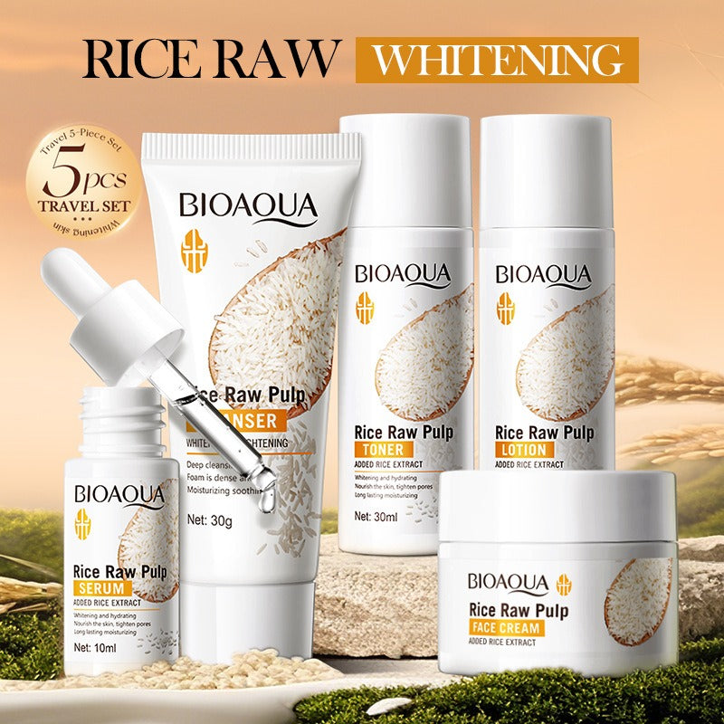 BIOAQUA Rice Raw Whitening skincare set with various products on a natural background