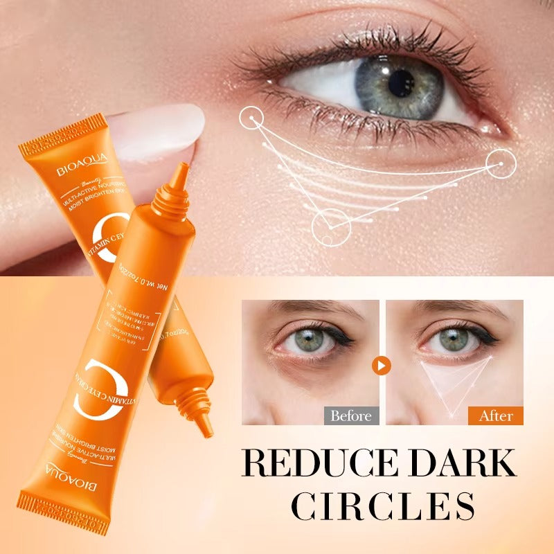 Eye cream product with before and after effects on dark circles, featuring a close-up of an eye.