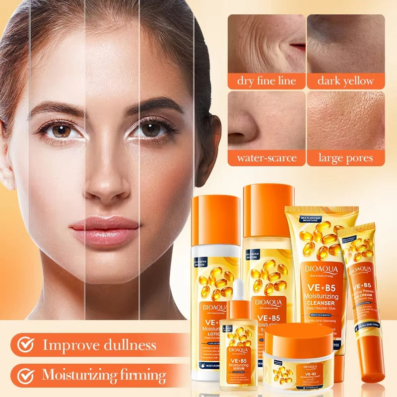 Cosmetic products with a woman's face showing before and after effects on a beige background.