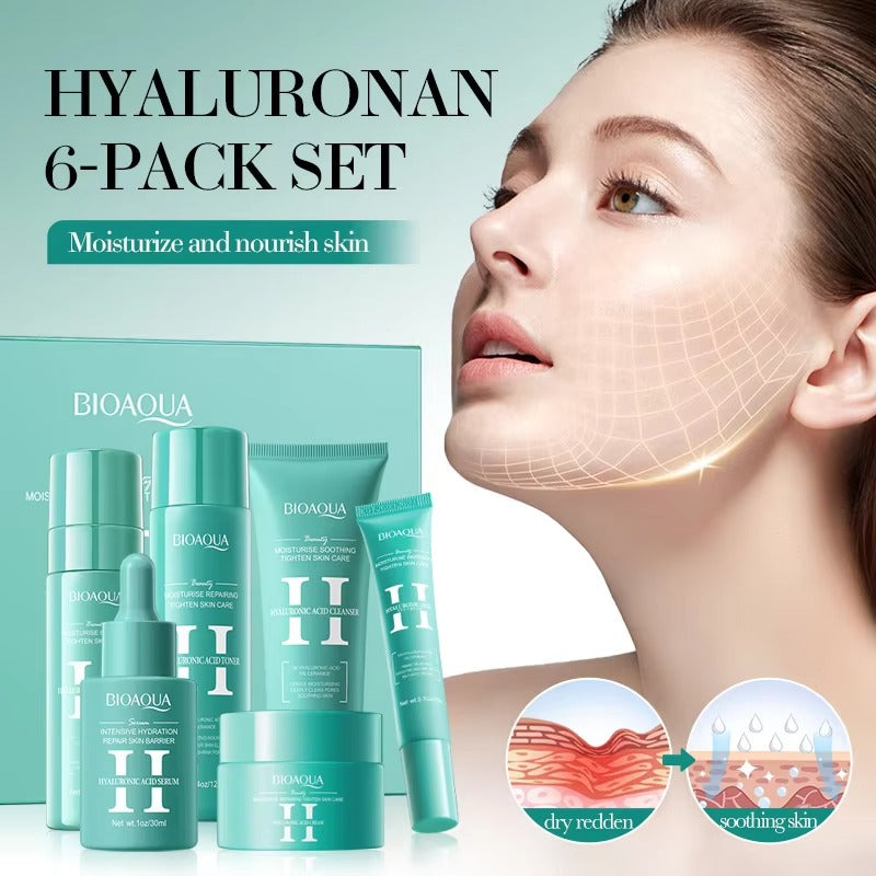 Bioaqua hyaluronan skincare set with a woman's face showing skin improvement.