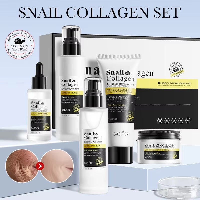 Snail collagen skincare set with various products on a light blue background
