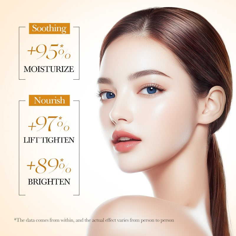 Woman with smooth skin and text highlighting skincare benefits on a beige background