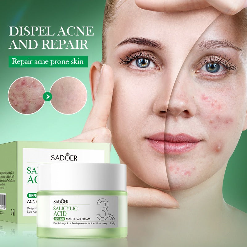 Skincare product for acne-prone skin with a split-face comparison and SADÜer branding.