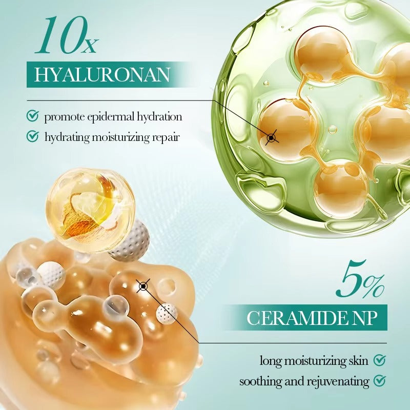 Illustration of skincare product with hyaluronan and ceramide NP on a light blue background