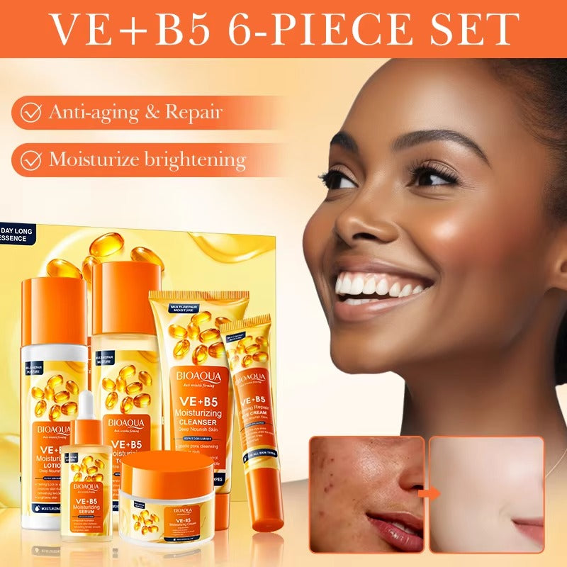 Bioaqua VE+B5 skincare product set with a smiling woman and before/after skin comparison on an orange background.