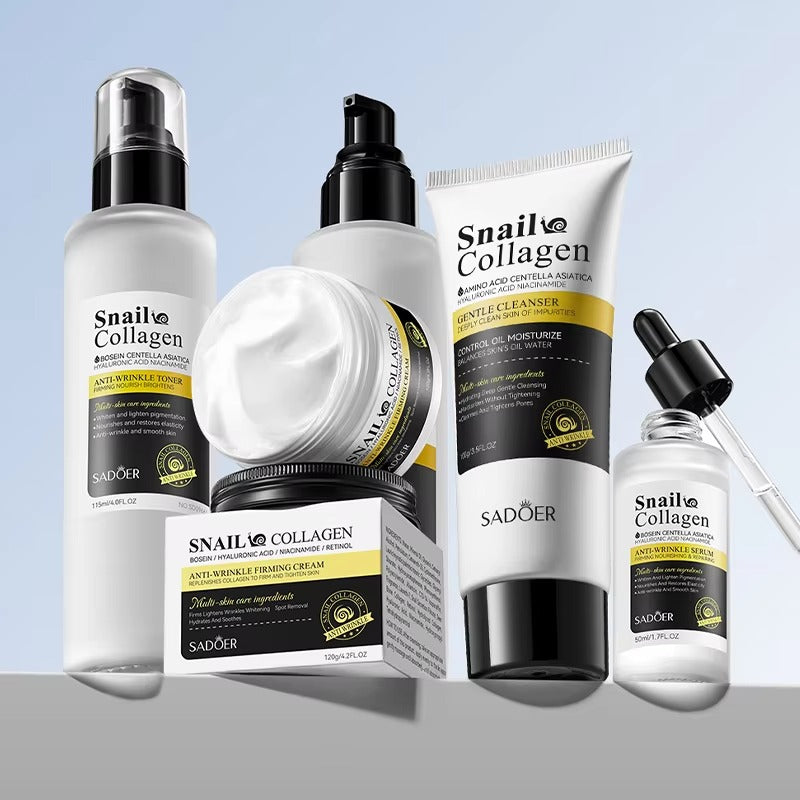 Collection of Snail Collagen skincare products on a light blue and gray gradient background