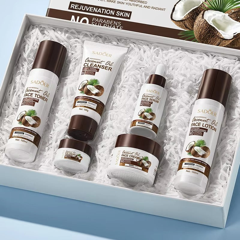 Set of SADORE coconut oil skincare products in a box with a blue background