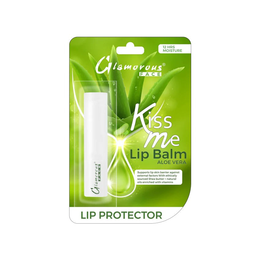 Glamorous Face Kiss me Lip Balm packaging with aloe vera illustration on a white background