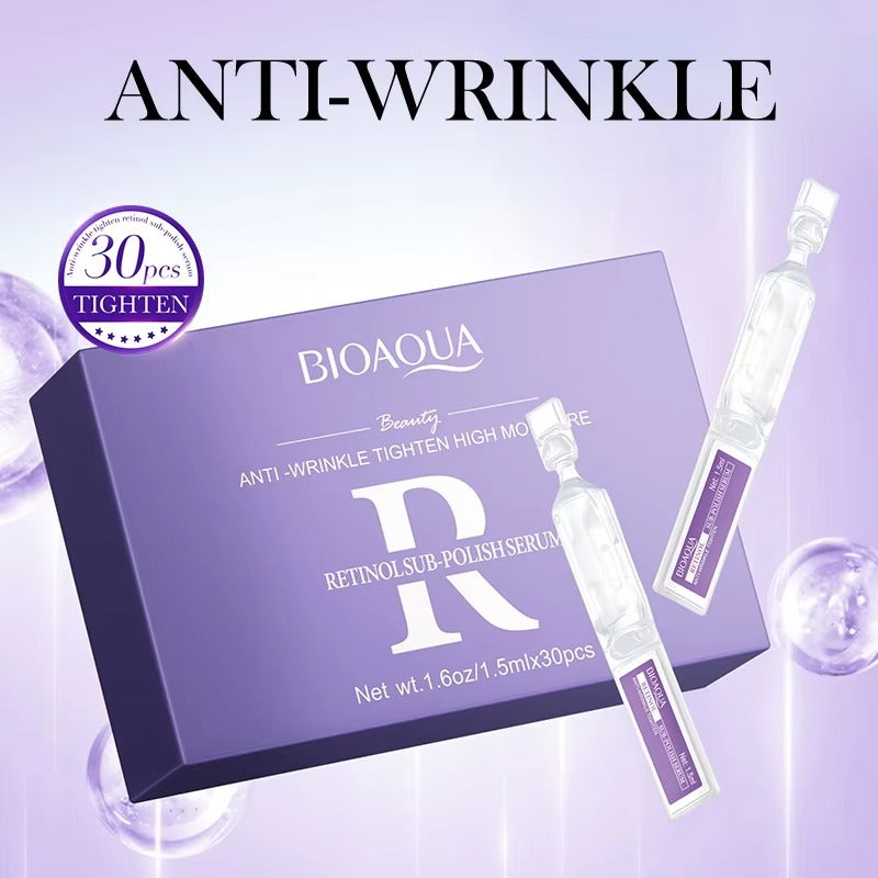 Bioaqua anti-wrinkle serum packaging with syringes on a purple background