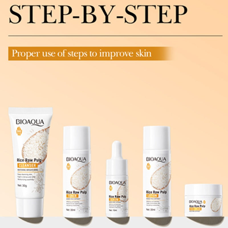 Bioaqua skincare products with a beige background and text about proper skin improvement steps.