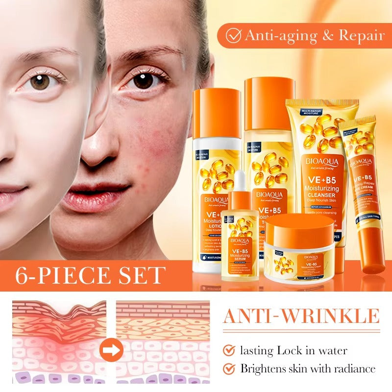 Bioaqua skincare product set with anti-aging and repair features on a promotional poster.