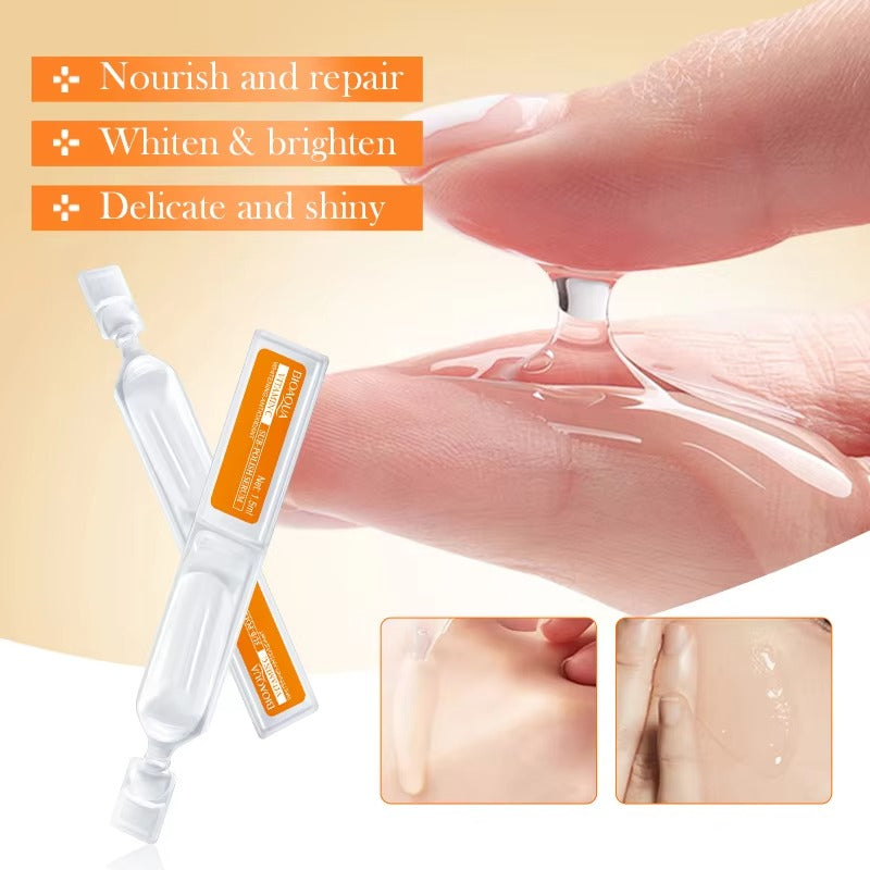 Skin care product being applied to a hand with text indicating benefits on a beige background