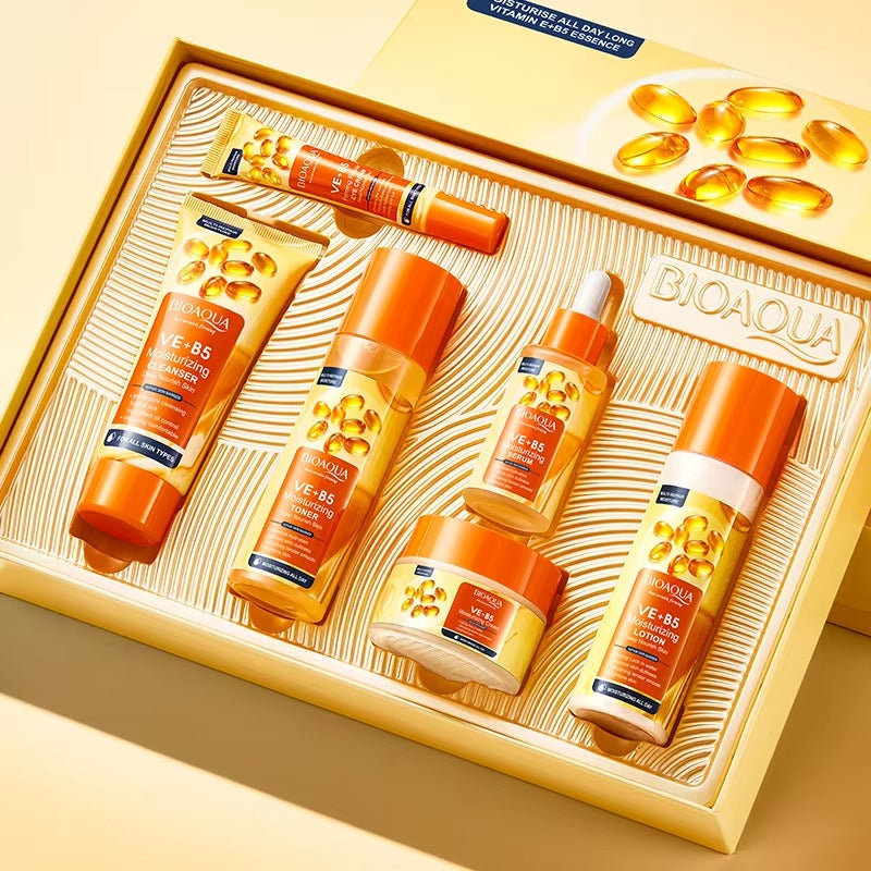Bicaqua skincare product set with bottles and cream in a decorative box on a beige background