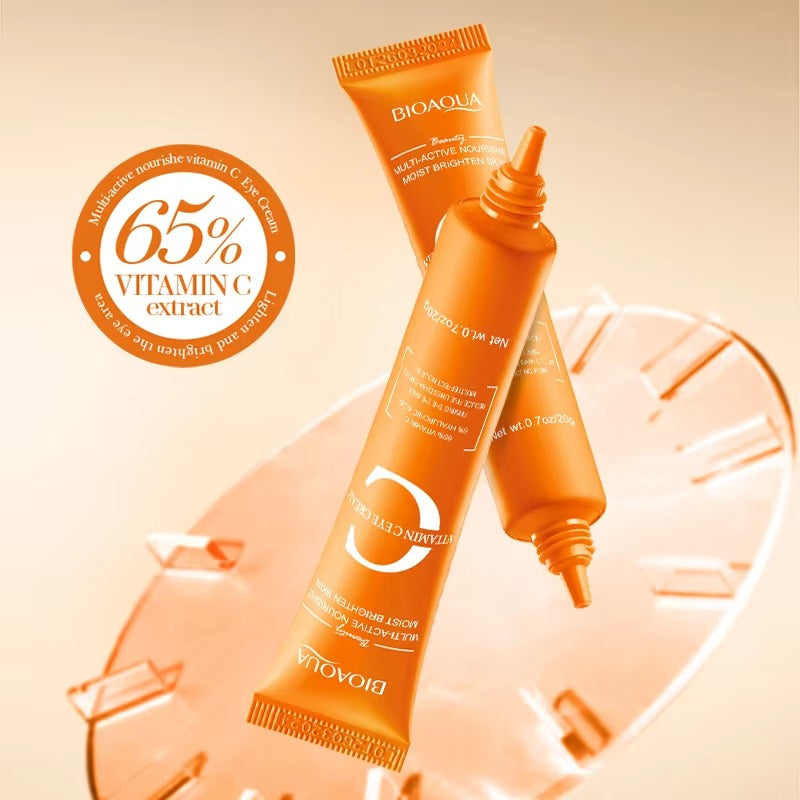 Bioaqua skincare products with vitamin C extract on a beige background