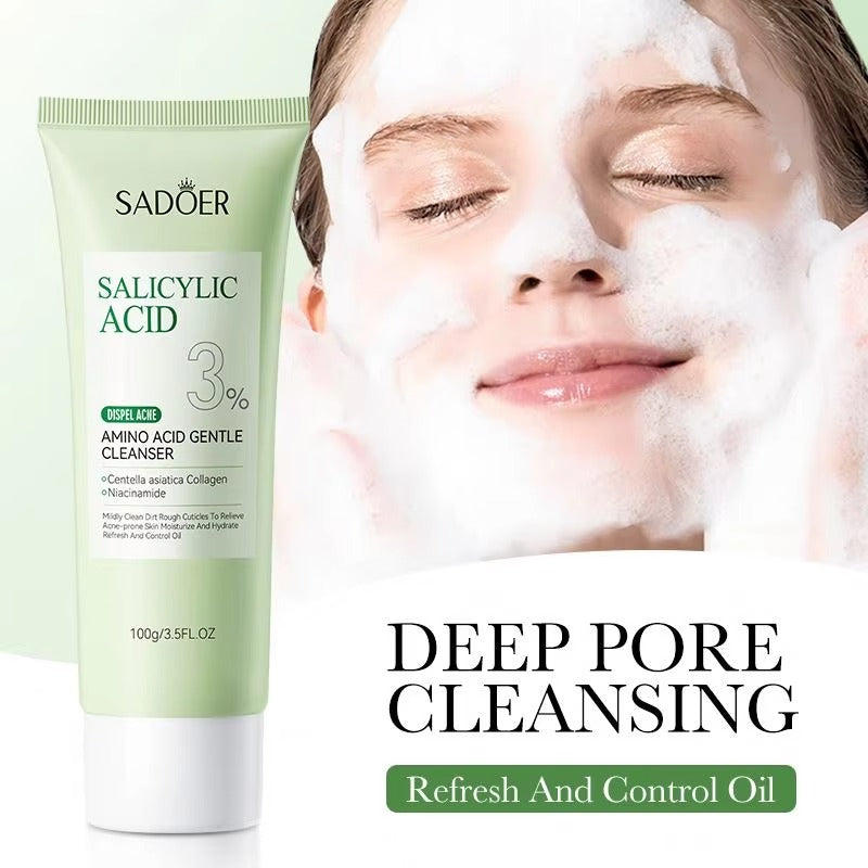 SADOPER Salicylic Acid 3% cleanser with a person using it on their face.