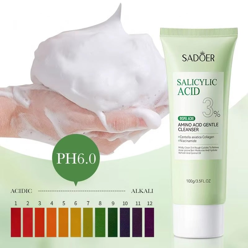 Sadoer Salicylic Acid cleanser with pH scale on a white background