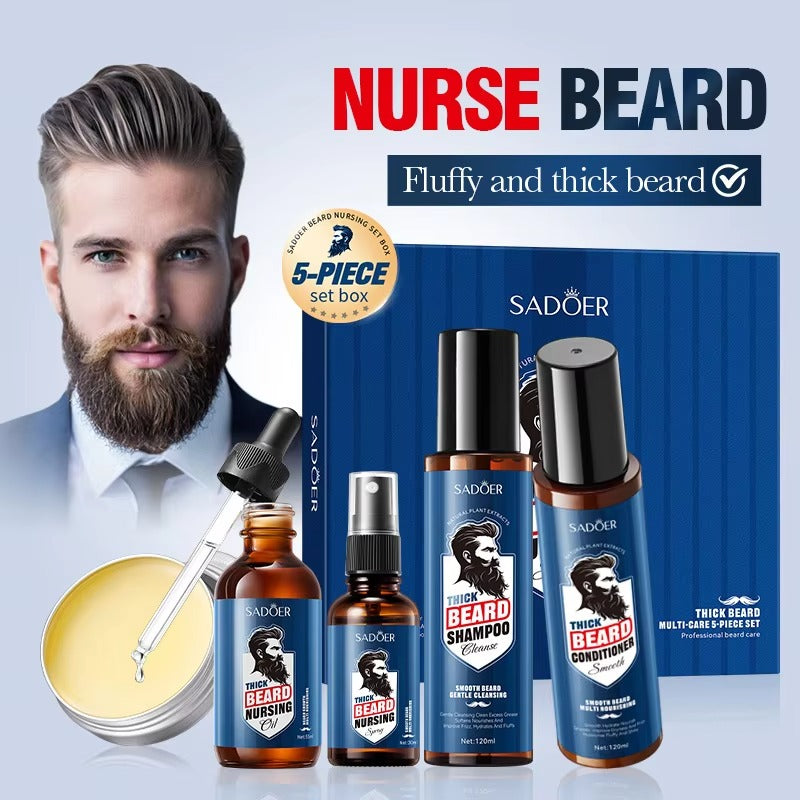 Sadoer beard care product set with a man with a beard and the Sadoer logo.