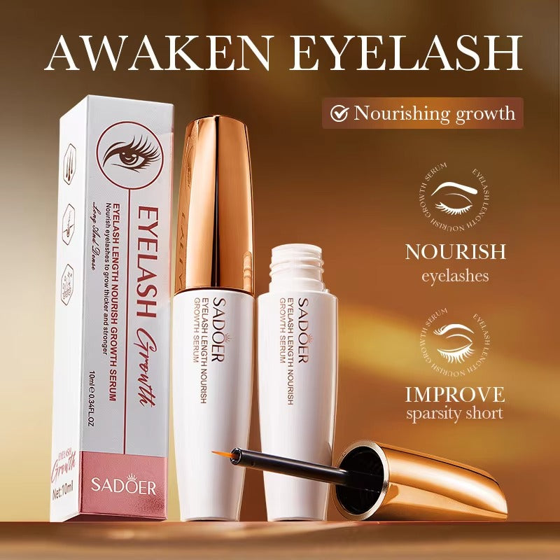 Sadoer eyelash growth serum with packaging on a warm brown background