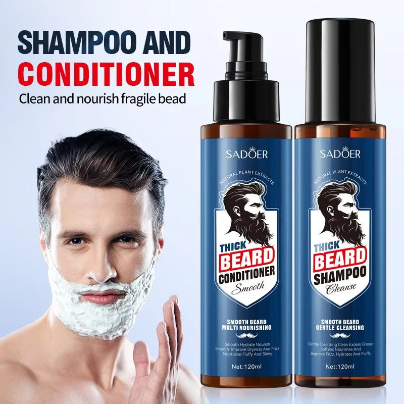Two bottles of Sadoer Thick Beard Shampoo and Conditioner with a man with a beard and shaved face.