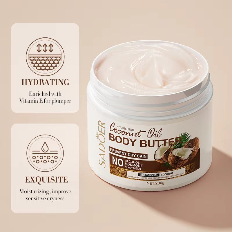 Jar of coconut oil body butter with descriptive text on a beige background