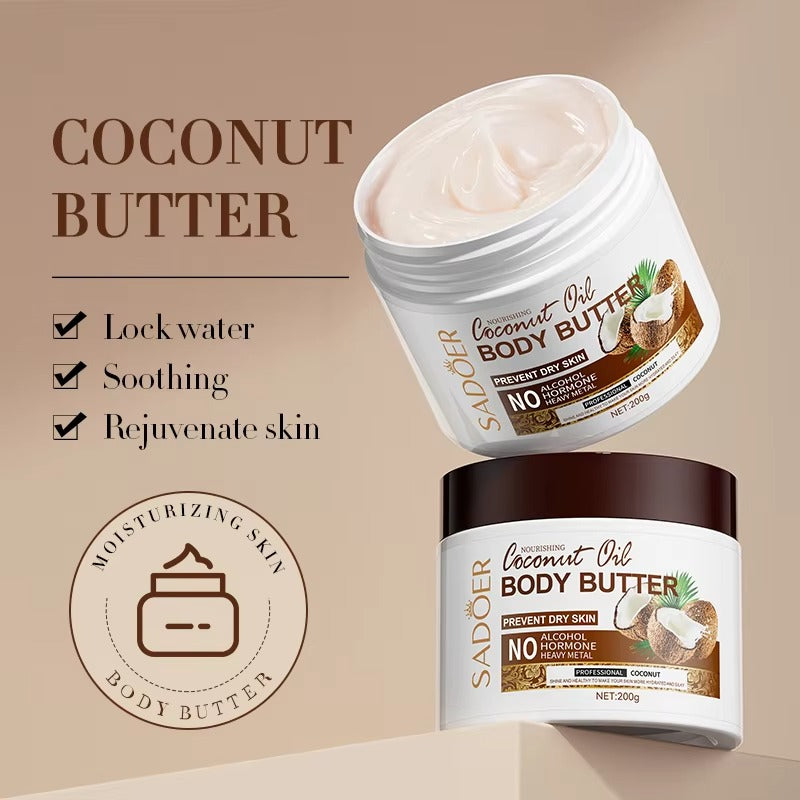 Two containers of Sador coconut oil body butter on a beige background with text about its benefits.