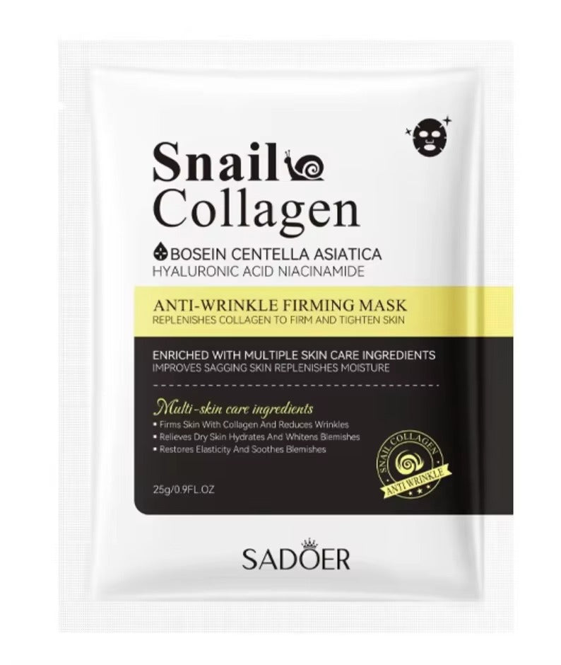 Snail collagen anti-wrinkle firming mask packaging with Sadoer branding on a white background