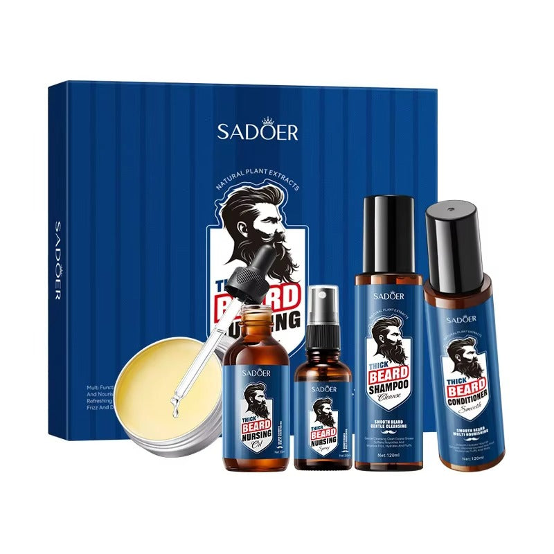 Sadoer beard care product set including shampoo, conditioner, and other items on a white background.
