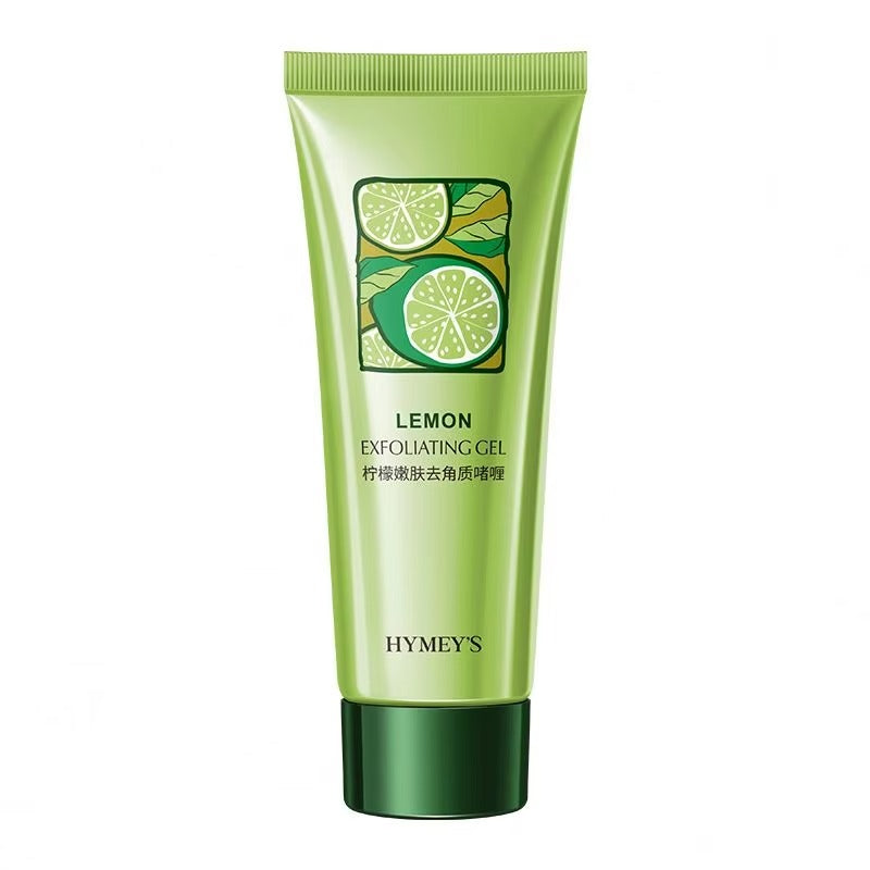 Green tube of lemon exfoliating gel with lime design on a white background