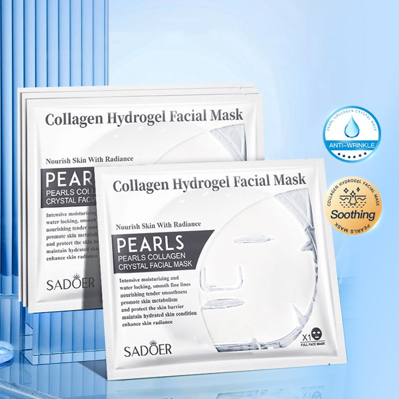 Collagen hydrogel facial mask packaging with Sadoer branding on a blue background