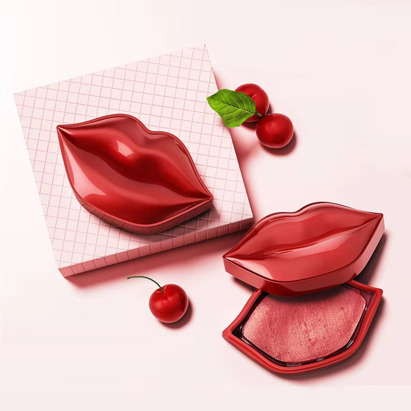 Red lip-shaped containers with cherries on a checkered background