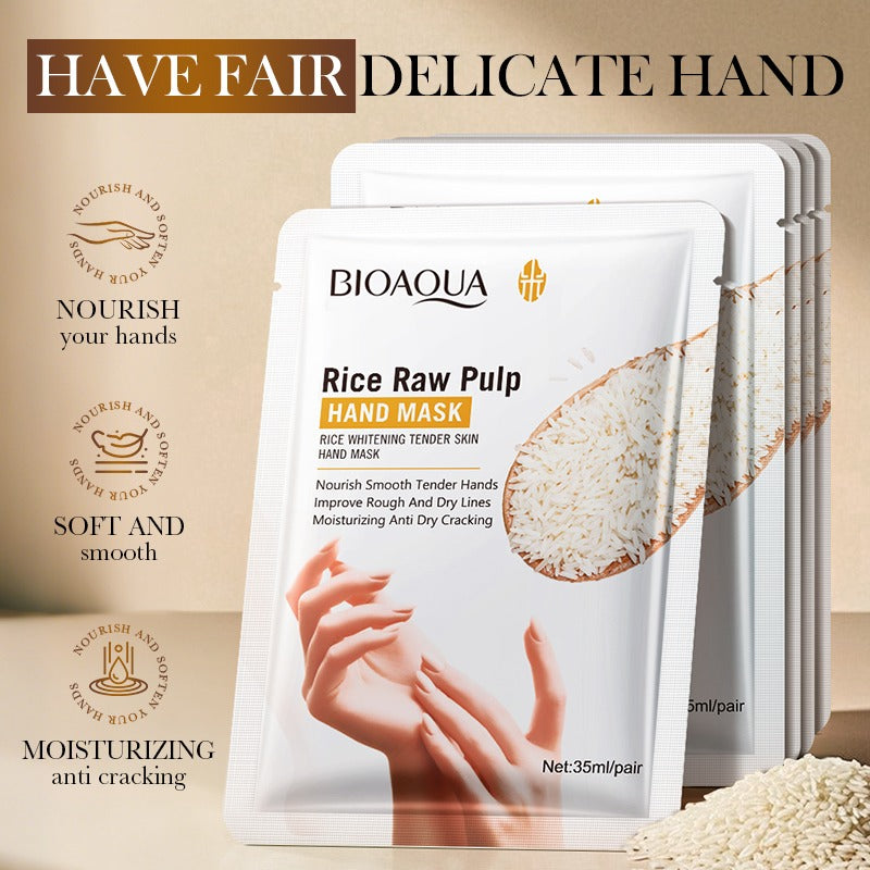 Bioaqua Rice Raw Pulp Hand Mask packaging with product details on a beige background
