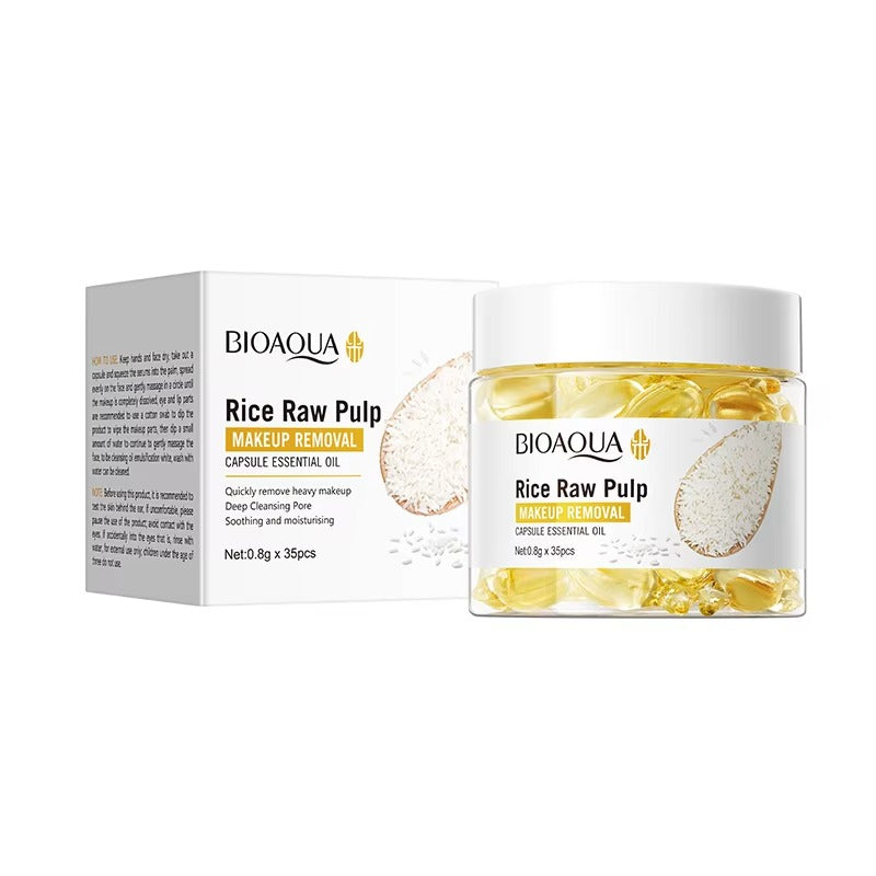 Bioaqua Rice Raw Pulp makeup removal product with packaging on a white background