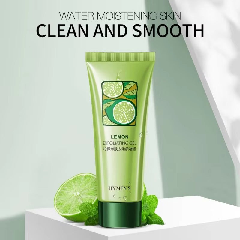Green skincare product with lemon slices and leaves on a light gray background