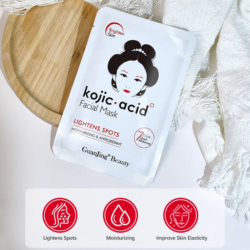 Kojic acid facial mask packaging with branding and product benefits on a neutral background