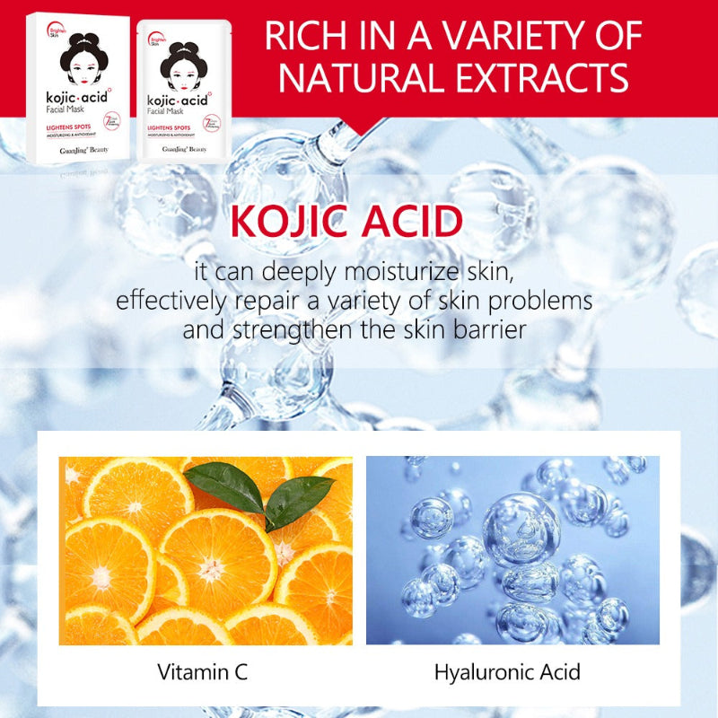 Advertisement for Kojic Acid facial mask with natural ingredients like oranges and water droplets.