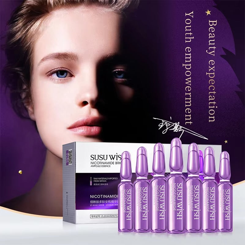 Susu Wis Nicotinamide skincare product set with a model's face on a purple background