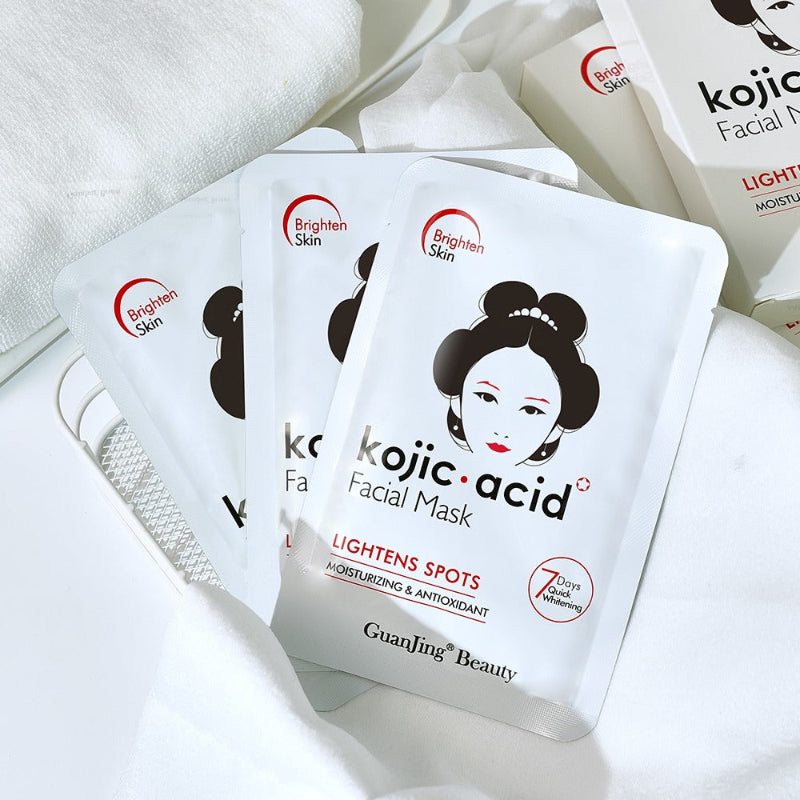 Kojic acid facial mask packaging with GuanJing Beauty branding on a white background