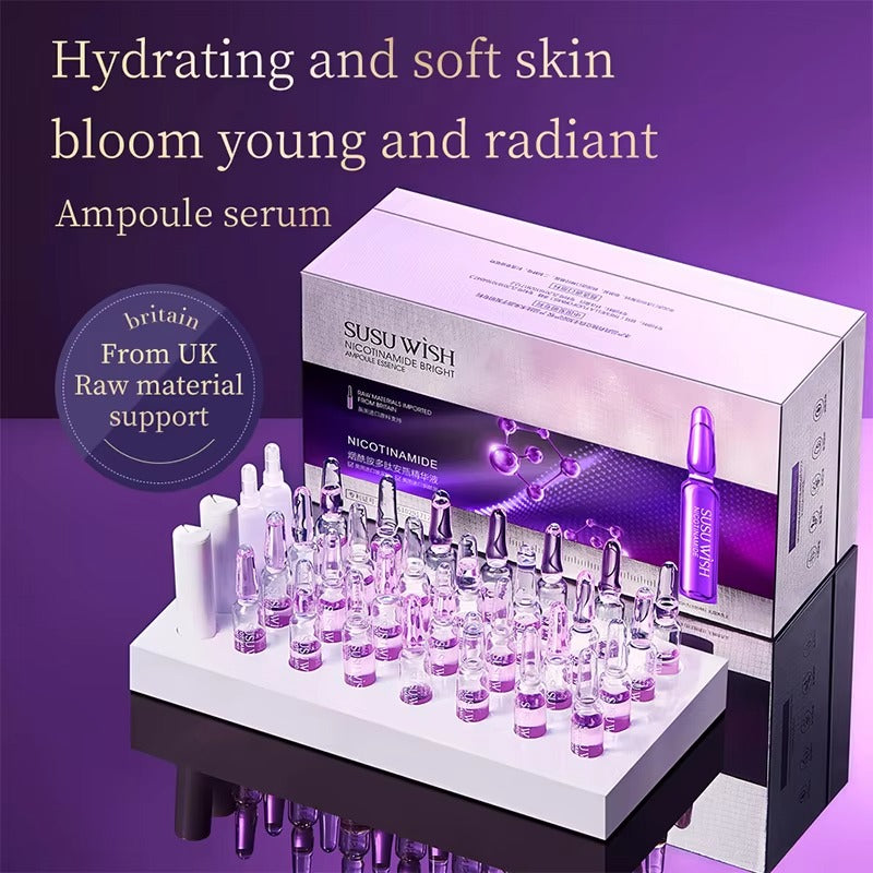 Ampoule serum with a Susu Wish box on a purple background