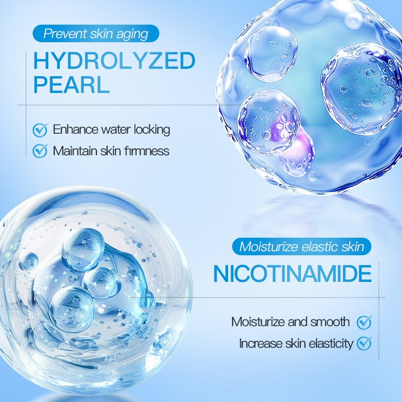 Advertisement for hydrolyzed pearl and nicotinamide with blue bubbles on a light blue background.