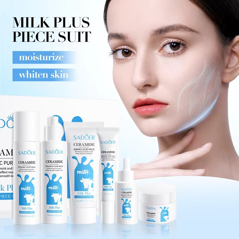 Skincare products with a model showing moisturized skin, featuring the brand 'SADßeur'.