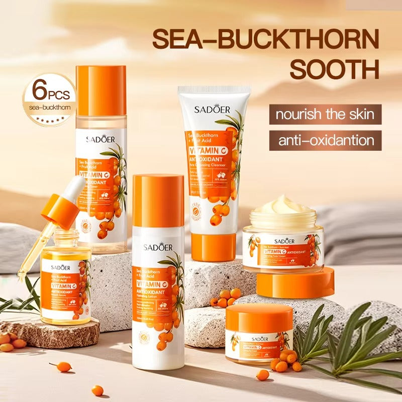 Sadoer skincare products with sea buckthorn on a neutral background
