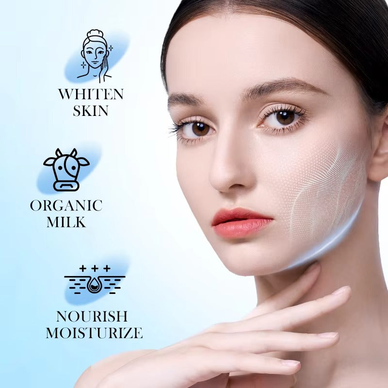 Woman applying a skincare product with icons indicating whitening, organic milk, and moisturizing benefits.